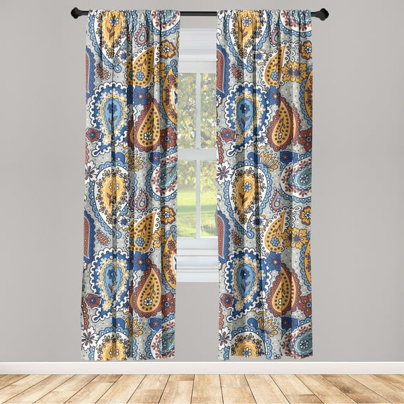Paisley Window Curtains, Floral Design Traditional Drop Look Motifs with Dots and Delicate Blooms, Lightweight Decor 2-Panel Set with Rod Pocket, Pair of - 28"x63", Marigold Rust Blue, by Ambesonne