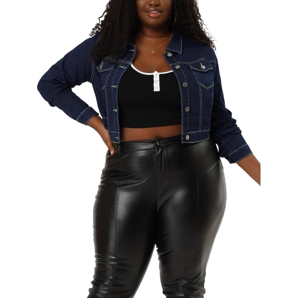 Women Plus Size Button Closed Cropped Denim Jacket Black Blue 1X