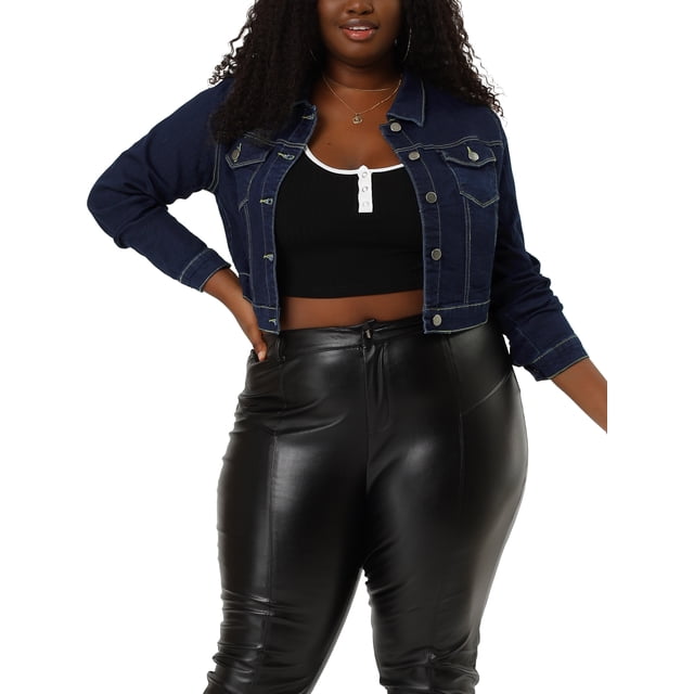 Women Plus Size Button Closed Cropped Denim Jacket Black Blue 1X