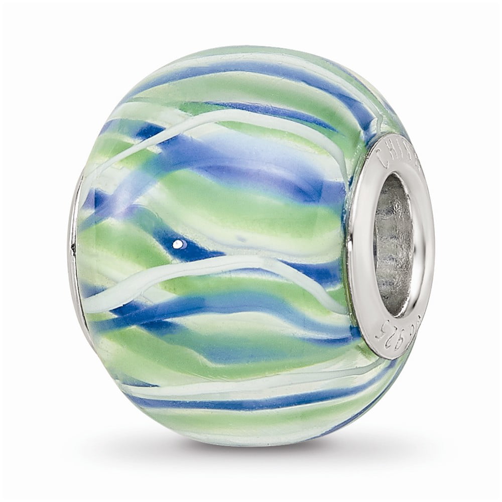 Jewelry Beads Glass Beads Sterling Silver Reflections Blue and White Striped Glass Bead 