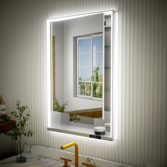 Ample 24" W x 36" H LED Lighted Chrome Medicine Cabinet with Mirror and Shelves for Bathroom Recessed or Surface Mount