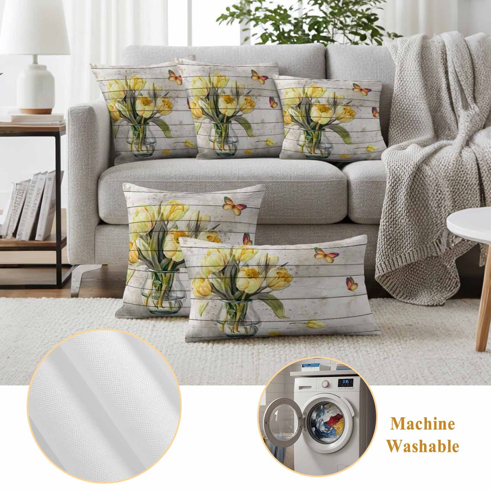 Yellow Tulip Outdoor Waterproof Pillow Covers, Vintage Spring Floral Retro Art Butterfly Wooden Decorative Square Throw Pillowcase Sofa Cushion Sham for Patio/Couch/Chair, 16"x16" 2 Pack