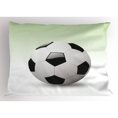 Sam Football - Sports Pillow Sham Vector Image of Football Soccer Ball Artwork with Green Ombre Background Image, Decorative Standard Queen Size Printed Pillowcase, 30 X 20 Inches, Black and White, by Ambesonne