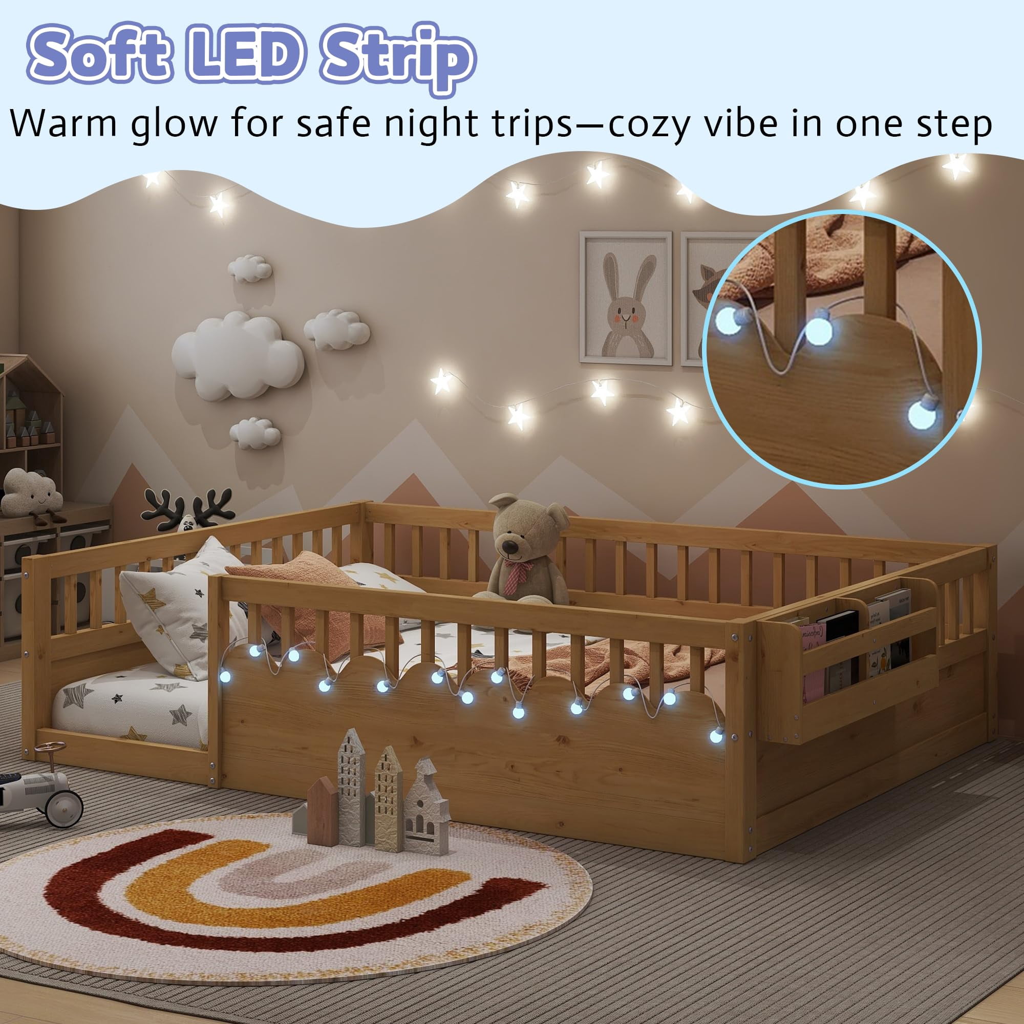 Mirightone Full Size Montessori Floor Bed LED Illuminated Safe Low Profile with Storage, Safe & Wider Opening Gate Design, Natural