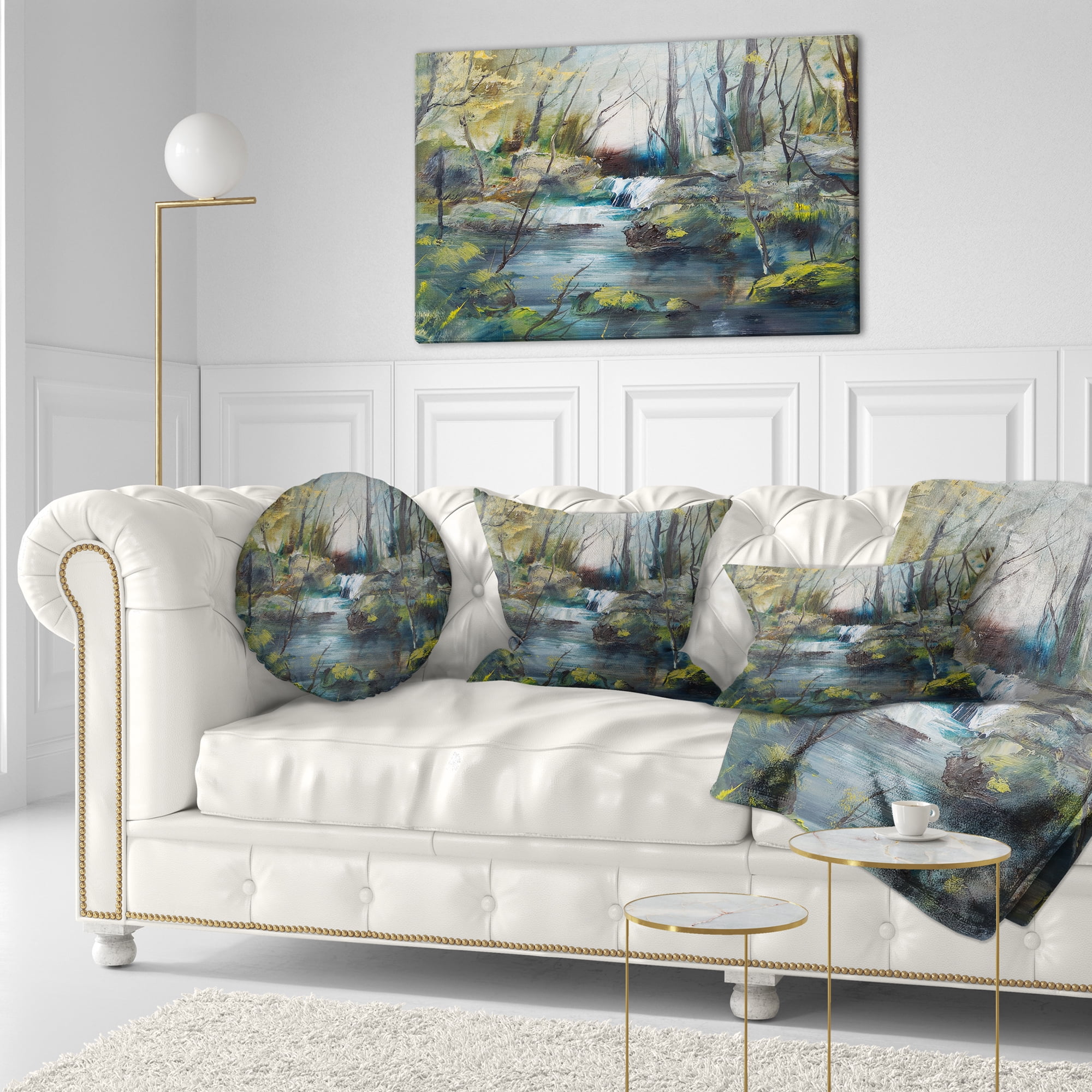 Designart Brook and Rocks Oil Painting - Landscape Painting Throw Pillow - 12x20
