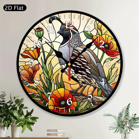 California Quail Poppy Flower Wild Bird Nature Decor Round MDF Wood Wall Clock Unique Gift Idea for Birdwatchers Garden Lovers