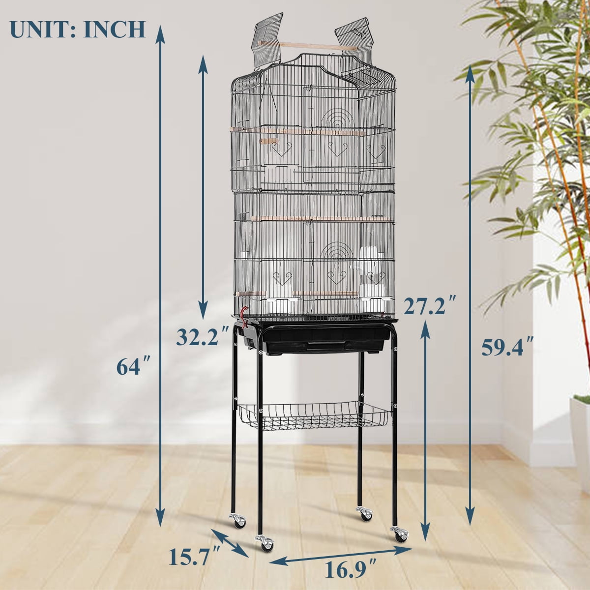 Dkeli Bird Cage with Stand Parrot Cages for Large Birds Parakeet Cage with Play Top & Rolling Stand for Medium Canaries, Lovebirds, Cockatiels, Parrots