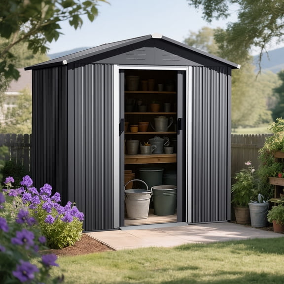 Nuu Garden 6 x 4 FT Garden Storage Shed with Sliding Doors, Galvanized Sheet Tool Shed with Sloping Roof, Anti-Corrosion Garden Shed with Air Vents for Backyard Patio Lawn, Black