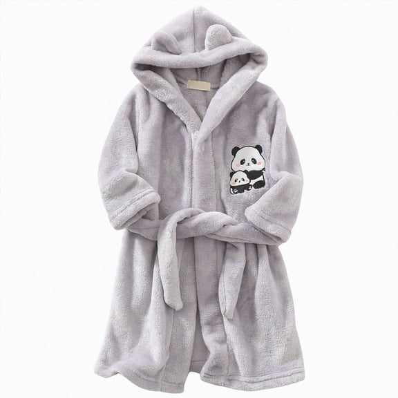 Gibobby Kids Soft Coral Fleece Bathrobe,Warm Hooded Sleep Robe with Waist Belt,Cute Cartoon Design,for Toddlers Children 2-12Y,Multi-Use Lounge Wear Kids Toddler Pajamas,Grey,Size 18-24 Months
