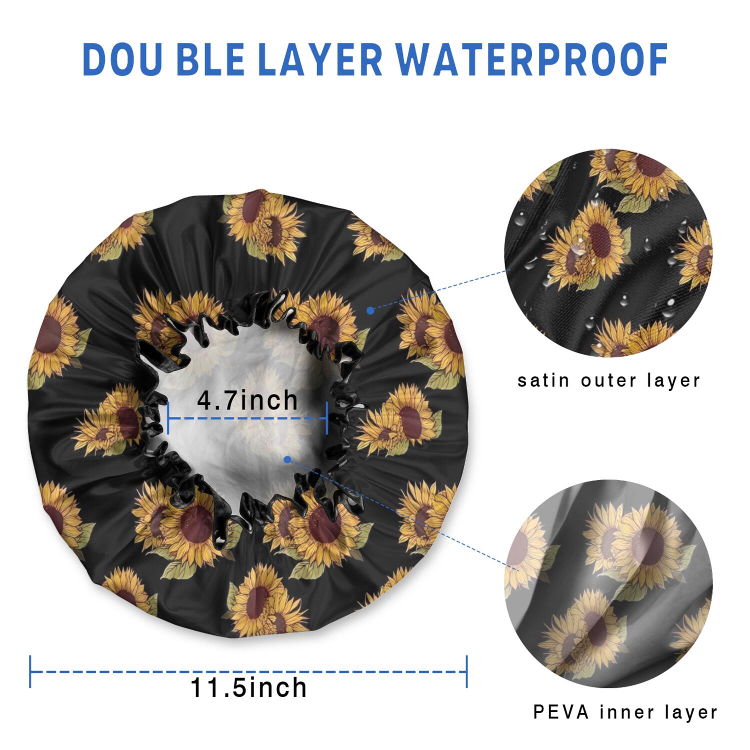 Shower Caps,Black Yellow Green Leaf Sunflower Pattern Waterproof Shower Cap for Women 4 Pieces,Double Reusable Hair Cover for Shower PEVA Elastic Stretch Hem