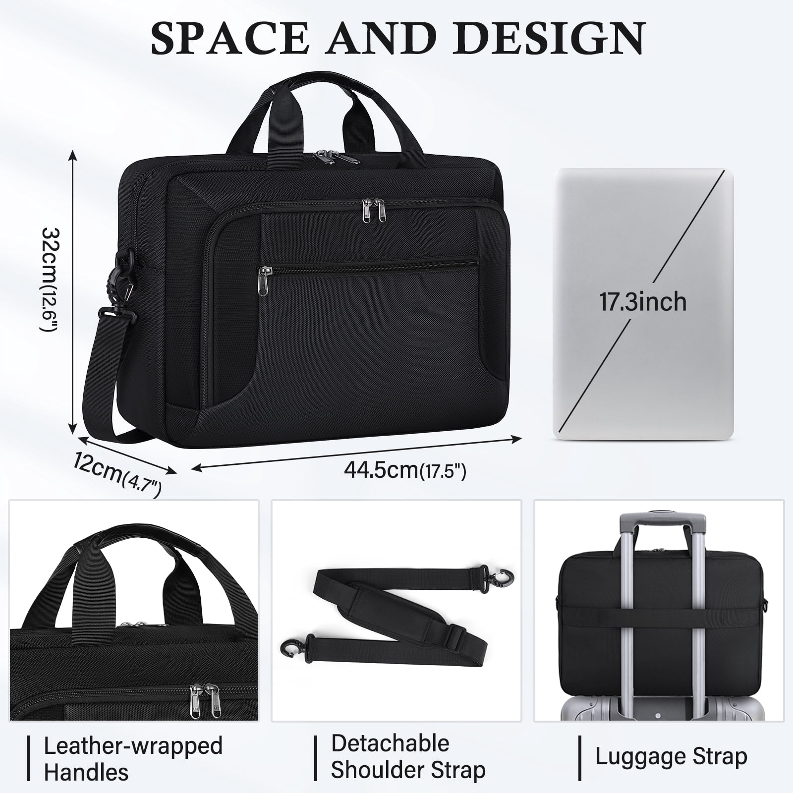 RAINSMORE Laptop Bag 17.3 Inch Laptop Briefcase for Men Women Large Waterproof Laptop Case Business Office Work Computer Bag Adjustable Shoulder Messenger Bag,Black