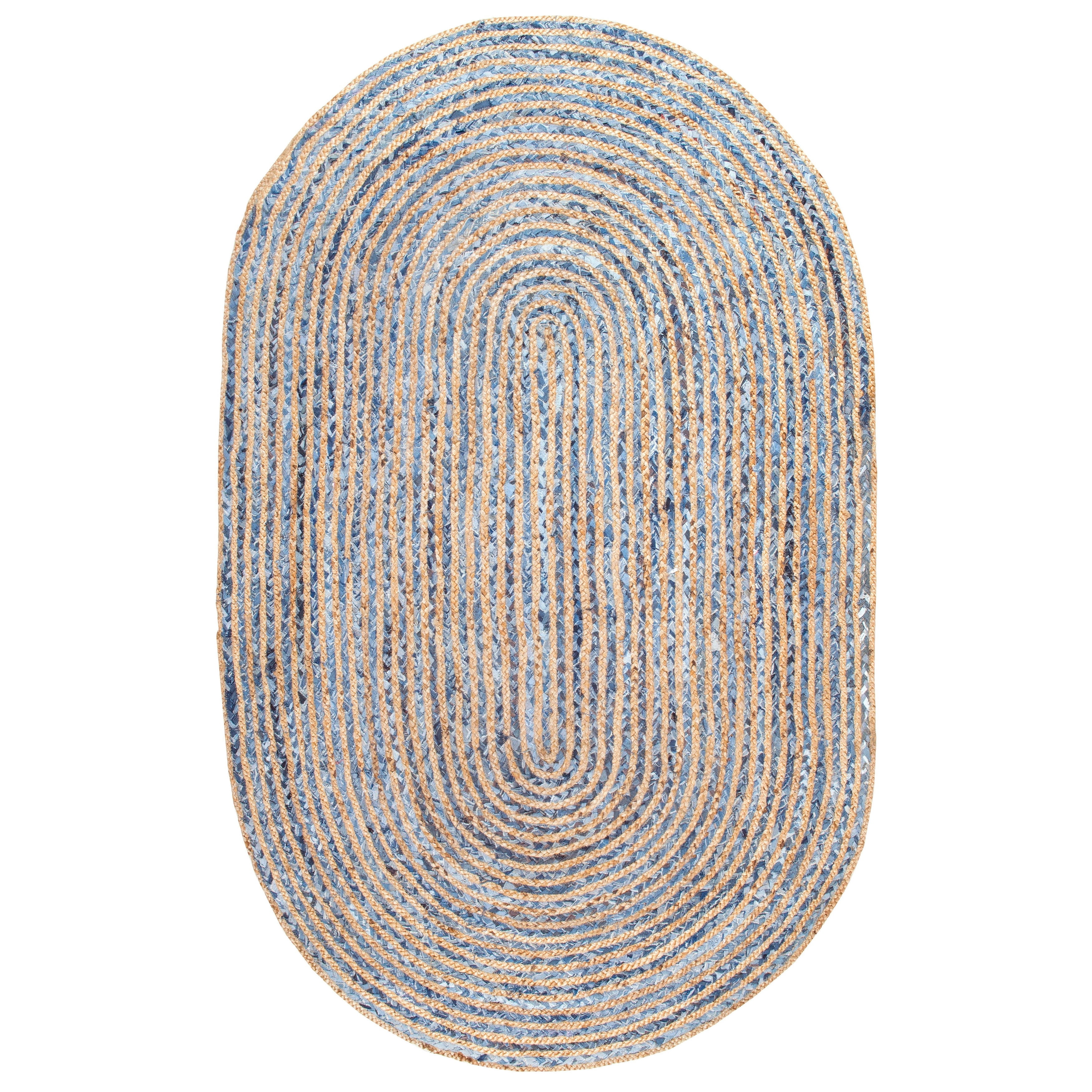 Indian Handmade Braided Blue Color Cotton, Denim with Natural Jute Oval Shape Area Rugs , Home Decor Carpet Size 2 x 3 Feet