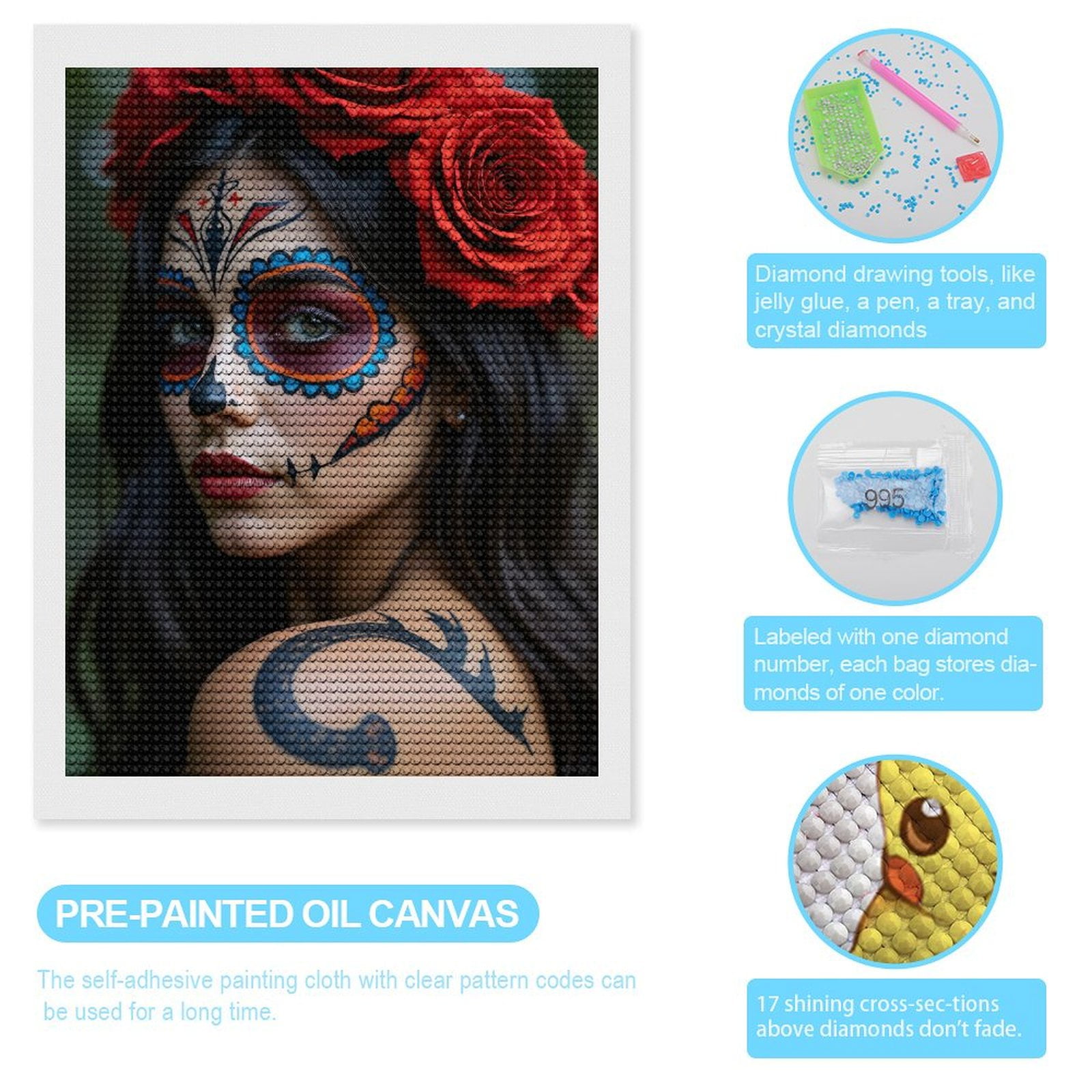Diamond Art Kits for Adults, Face Paint Red Roses Tattoo Art 5D Diamond Painting Kits for Adults Beginners, DIY Full Drill Diamond Painting, Gem Art and Crafts 12x16