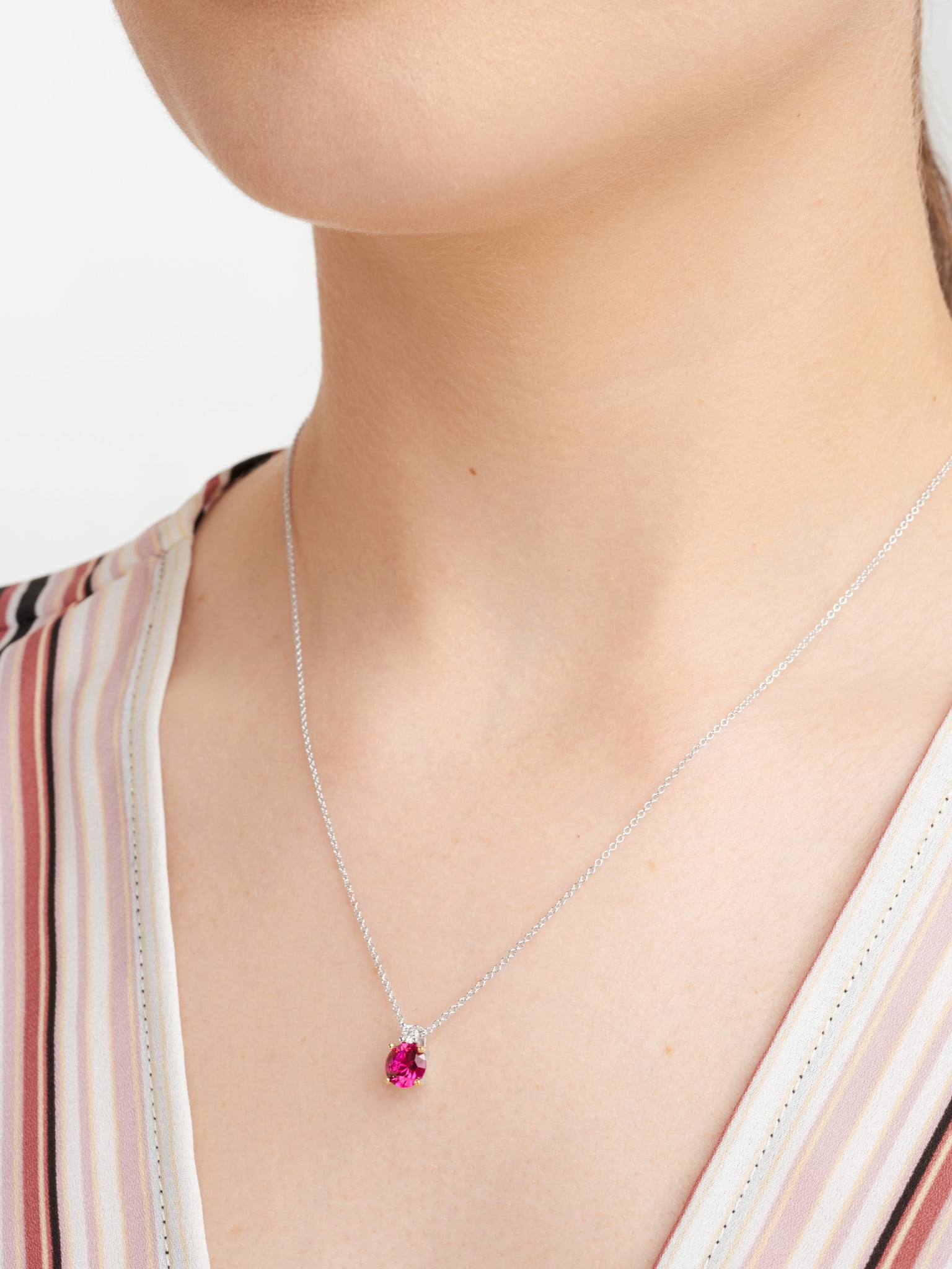 Forever Facets Jewelry Platinum Over Sterling Silver Created Ruby and Lab Grown Diamond Accent Two Stone Necklace, 18 Inch Fine Cable Chain with 2 Inch Extender (H-I Color, I1 Clarity)