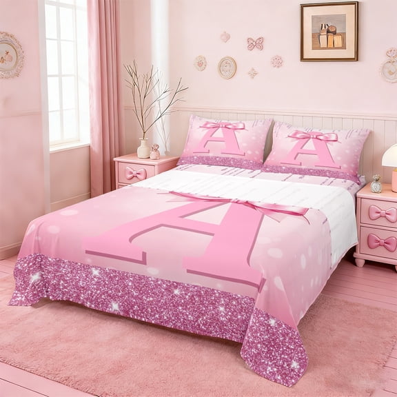 jejeloiu Monogrammed A Twin Sheet Sets,Cute Girls Bowtie Twin Fitted Sheet,Pink Glitter Print Flat Sheet For Child,Microfiber Room Decorative,3pcs