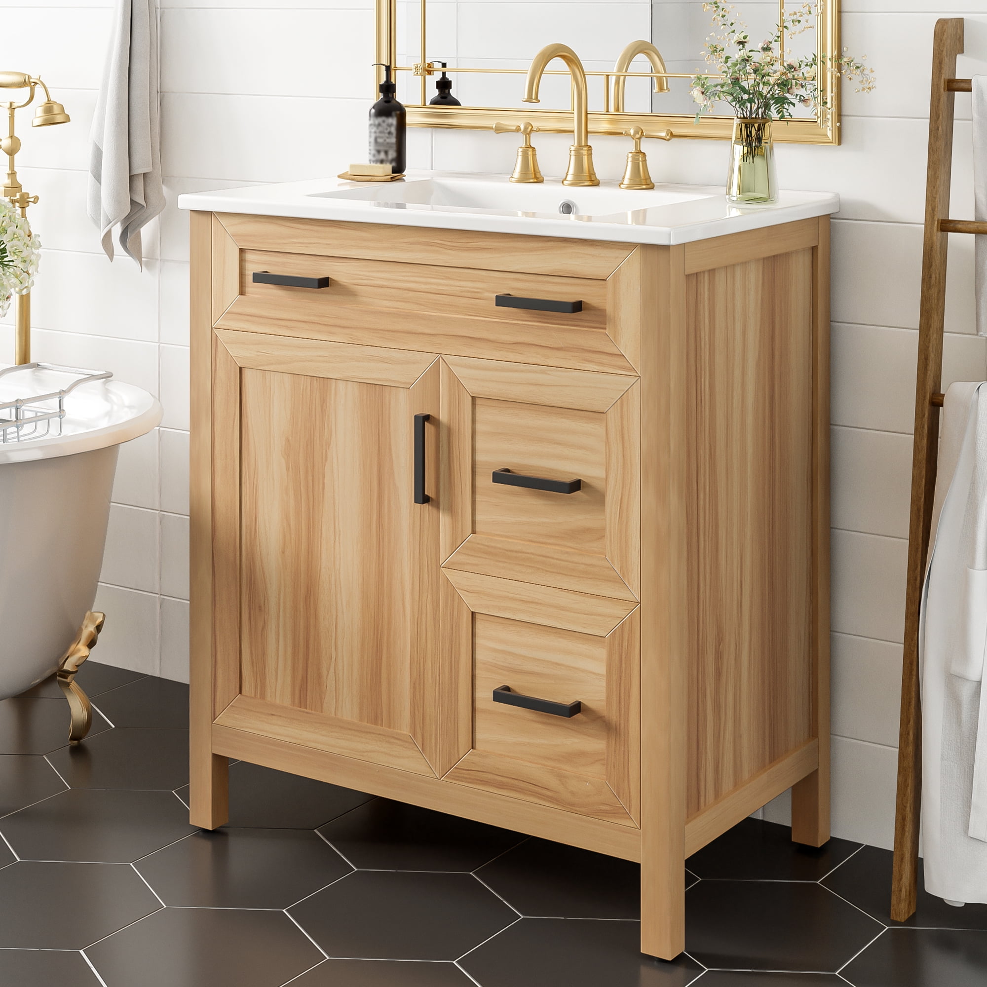 Harper & Bright Designs 30" Wood Bathroom Vanity with Sink, Bathroom Cabinet Freestanding with Drawers, Modern Bathroom Cabinet Freestanding with Adjustable Shelf, Acacia Wood