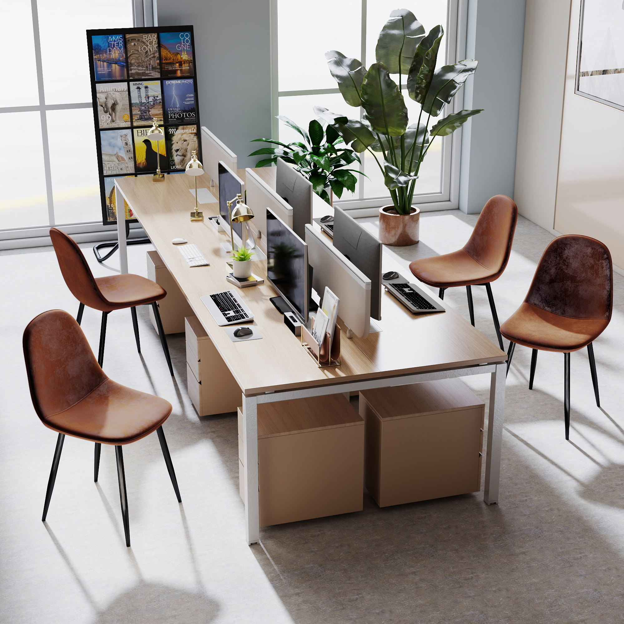 Homy Casa Desk Chairs Set of 4, Faux Leather Office Guest Chairs with Metal Legs, Brown
