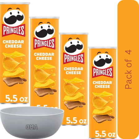 Pringles Cheddar Cheese Potato Crisps, 4 Pack (5.5 oz Each) – with Bowl by OMA
