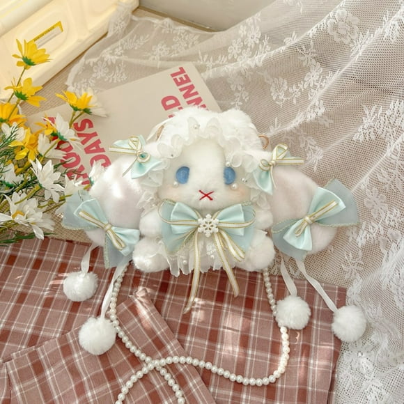CuteRabbit Design Crossbody Shoulder Bag for Women & Kids, Light Blue Nylon Material with Pearl Belt Strap, 19cm Height, 14cm Depth, Internal Pocket, Strap Fastener, 220g Lightweight, Basic
