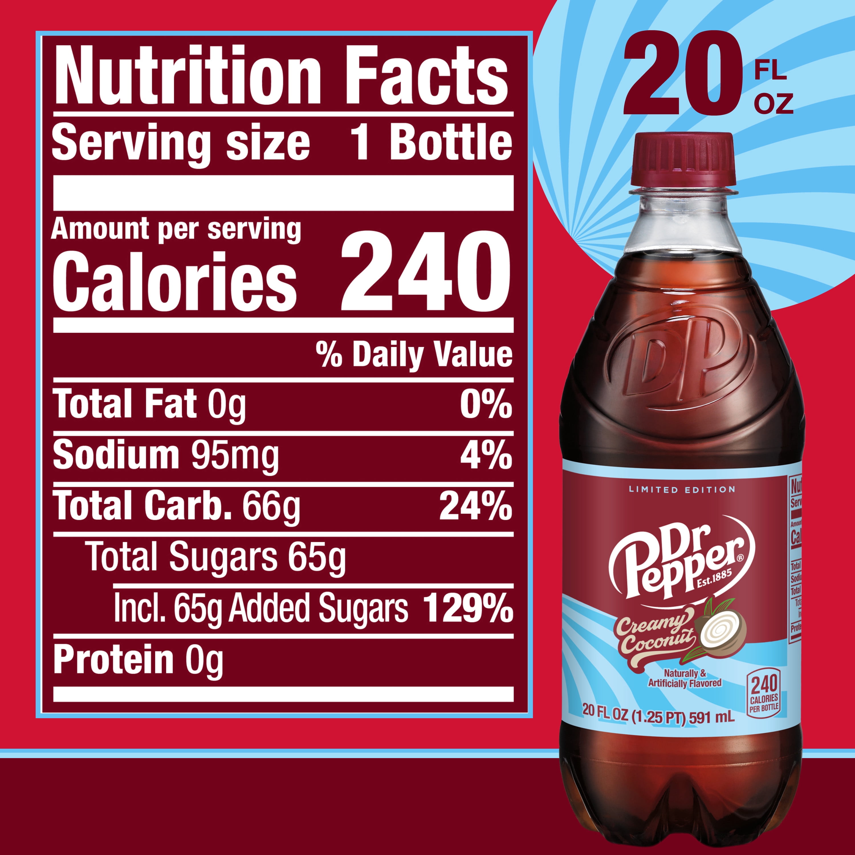 (4 pack) Dr Pepper Creamy Coconut Soda Pop, 20 fl oz, Bottle