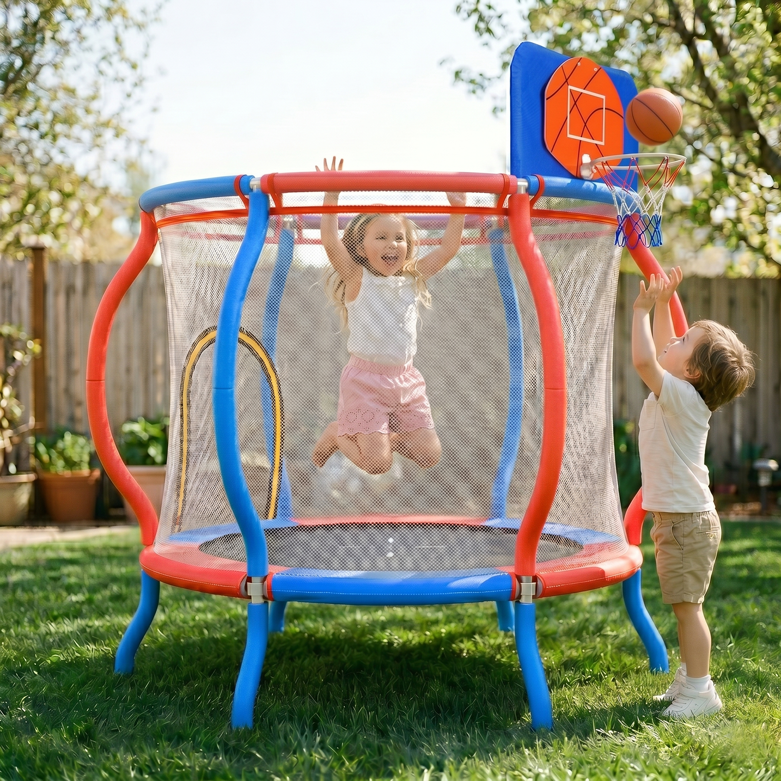 OLAKIDS 48" Trampoline for Kids, Outdoor Indoor Toddler Trampoline with Safety Enclosure Net Basketball Hoop Anti-Slip Foot Pads Zippered Door, Baby Recreational Trampolines Gift for Backyard