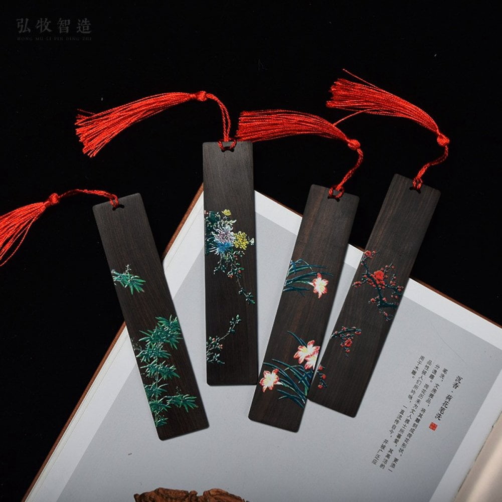 Hzzsbu 4Pcs Handmade Wooden Lotus Flower Bookmarks Color Painting Page Markers