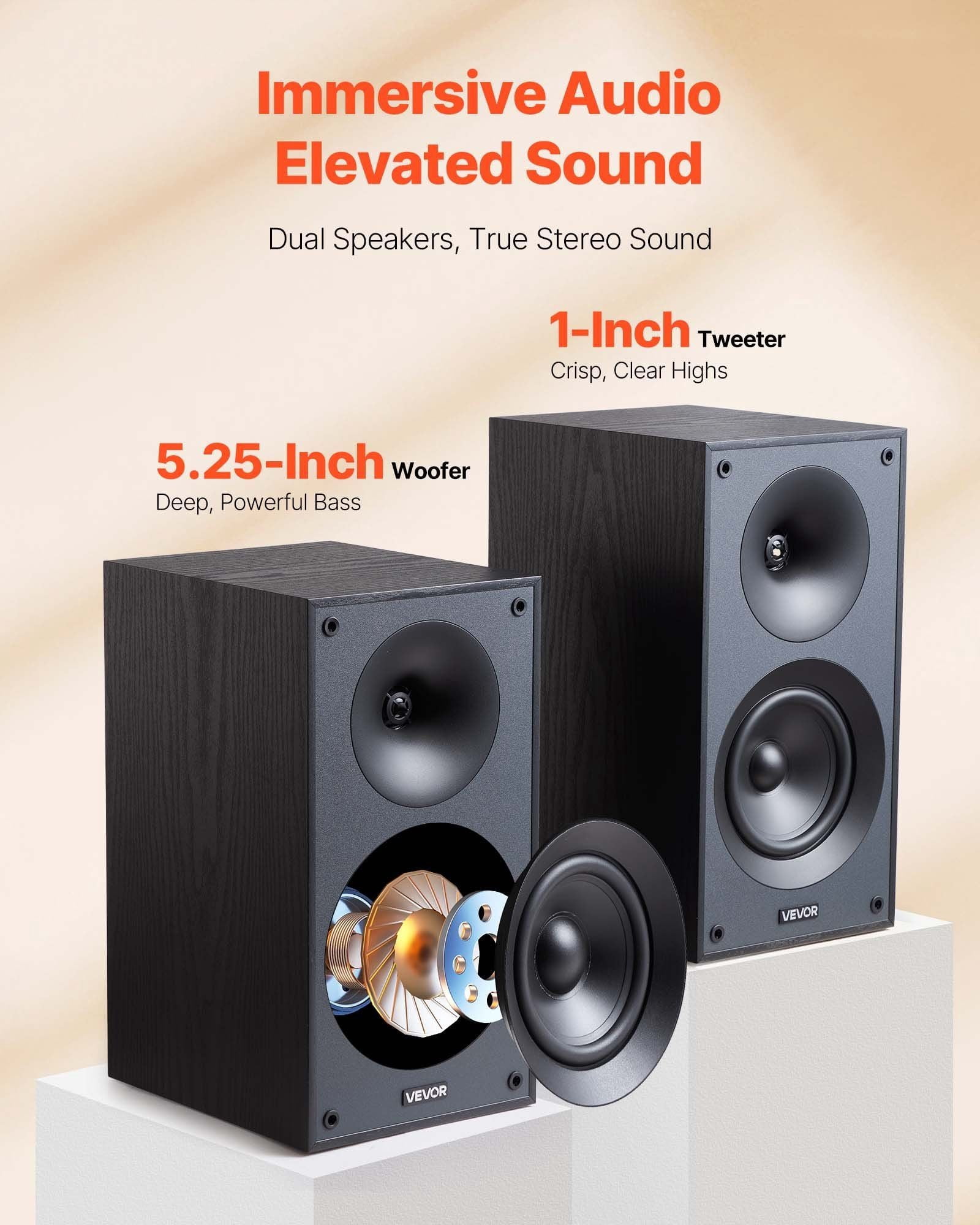 Passive Bookshelf Home Speakers Pair of Stereo Audio Speakers Cone 65Hz-20KHz