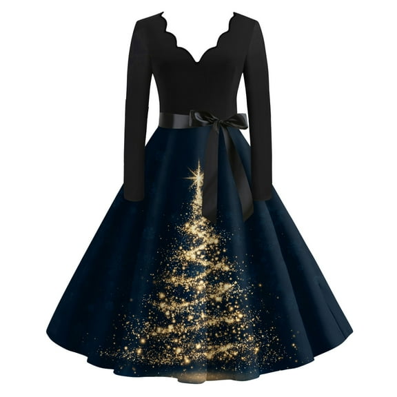 Women's Casual Fashion V Neck Long Sleeve Christmas Printed Party Vintage Dress for Holiday Events and Retro Style, Perfect for Women's Evening Wear,Navy,4XL