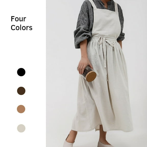 Cotton Bib Apron for Women with Pockets - Cross Back Pinafore Apron Dress for Kitchen Cooking GardenBlack- Ma Beige