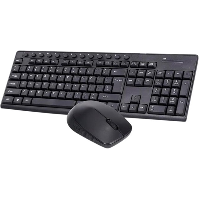 set teclado y mouse inalámbrico 2.4ghz usb, kit ergonómico para pc, laptop y oficina, bajo consumo de energía, plug and play — teclado negro de tamaño completo (43.5 x 14.5 x 2.5 cm, 442 g) de perfil delgado con pad numérico y teclas en isla, y ratón óptico negro (10 x 6 cm, 51 g) con rueda de desplazamiento; receptor USB único incluido, conexión 2.4GHz hasta 10 m; vista 3/4 sobre fondo neutro; también suele usarse para estaciones de trabajo móviles.
