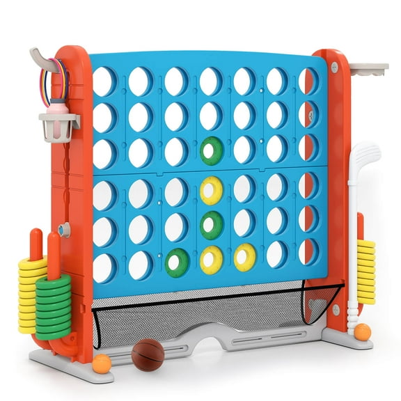 Costway Giant 4-in-a-Row Game Set with Ring-toss, Basketball Hoop, Golf Club & Cup Holders Light Green Orange