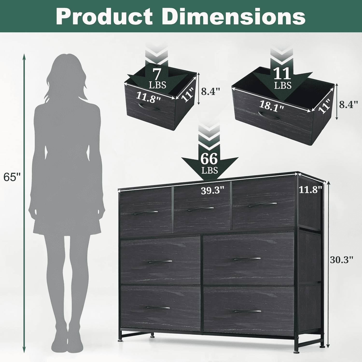 Aidoly 7-Drawer Wide Fabric Storage Dresser with Wooden Top - Space-Saving Bedroom & Closet Organizer, Charcoal Black