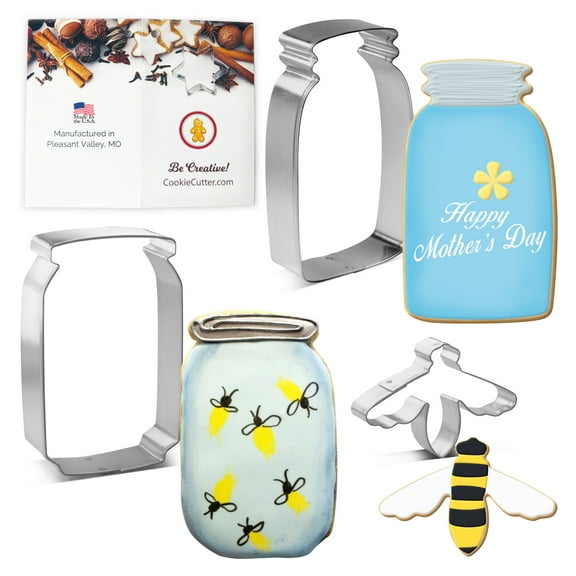 Mason Honey Jars and Bee Cookie Cutter 3 Pc Set HS0463 with Sugar Cookie Recipe Card. Foose USA