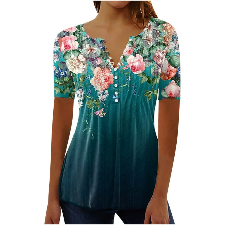 ZQGJB Cute Summer Tunic Tops for Women Loose Fit Short Sleeve Casual Floral  Printed Button V Neck Graphic Henley Shirts Trendy Comfy Blouse for