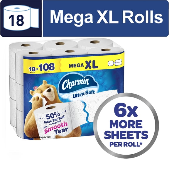 Charmin Toilet Paper Ultra Soft, 18 Mega XL Rolls, 2-Ply Bath Tissue