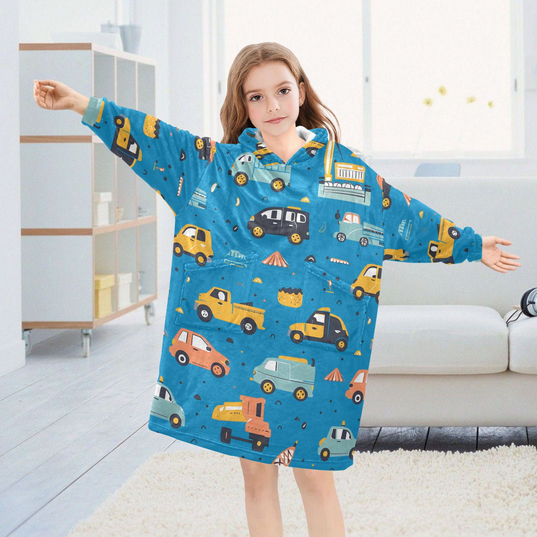 joogoo Wearable Blanket Hoodie for Kids Cartoon Trucks Cars on Blue Flannel Oversized Sweatshirt 3-14 Years S