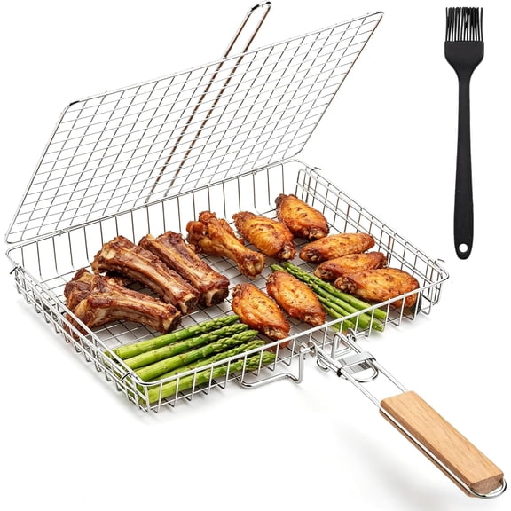 9-Piece BBQ Grill Basket Set with Deep Stainless Steel Basket, 5 Skewers, Basting Brush & Storage Bag, Detachable Wooden Handle for Gas, Charcoal & Smoker Grills