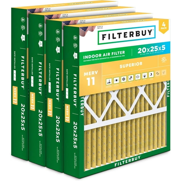 Filterbuy 20x25x5 MERV 11 Allergen Defense, Pleated HVAC AC Furnace Air Filters for Honeywell FC100A1037, Lennox X6673, Carrier, & More (4-Pack)