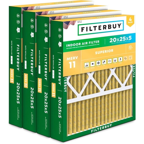 Filterbuy 20x25x5 MERV 11 (MPR 1200) Défense contre les Allergènes, Filtres à Air Plissés pour CVCA/climatiseur de Four pour Honeywell FC100A1037, Lennox X6673, Carrier, et Plus (Lot de 4)