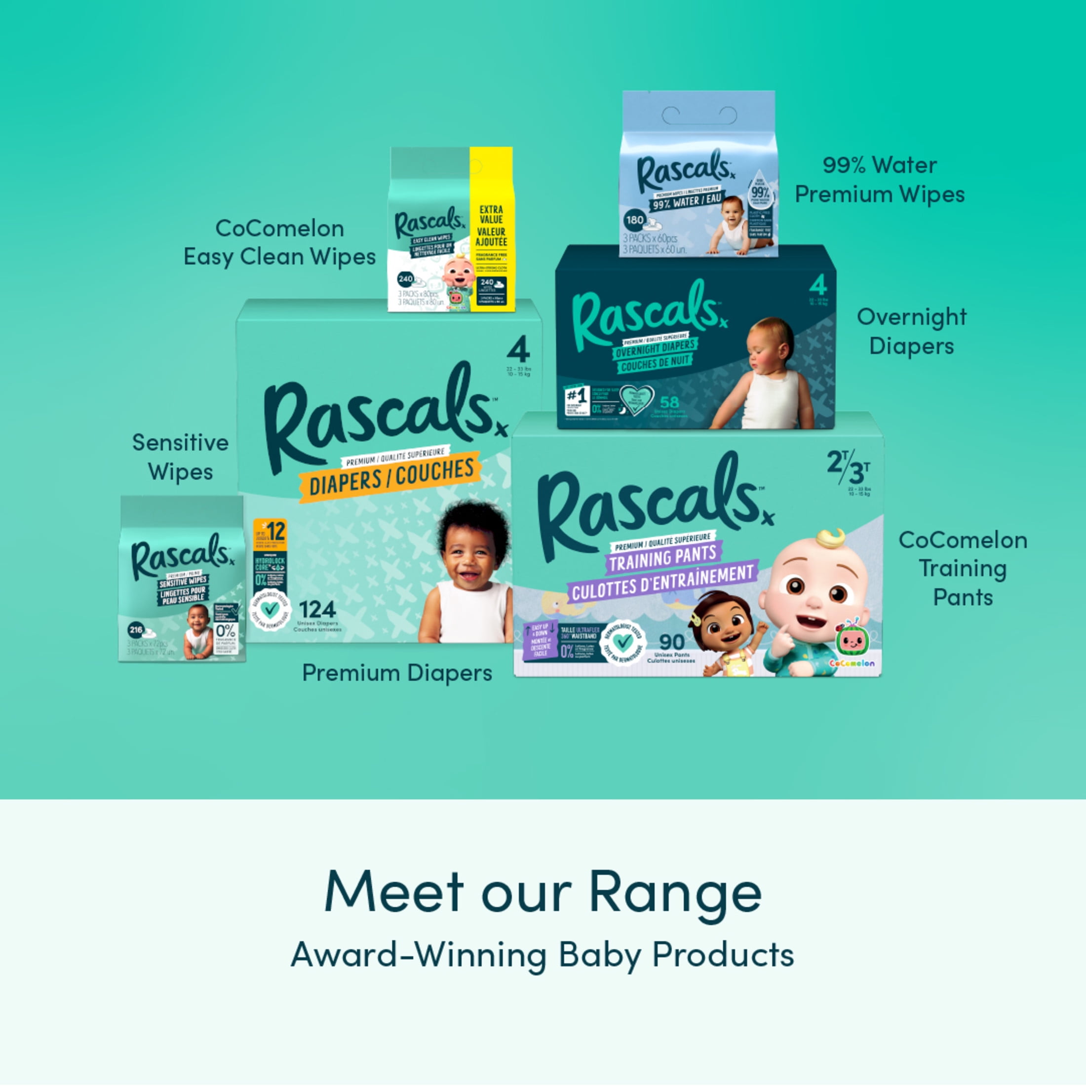 Rascals Lingettes pour bébé Rascals 99 % eau, 480 ct Éssentiel pour bébé, utilisation quotidienne