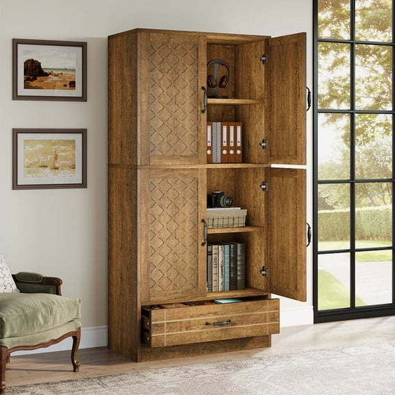 Tribesigns 70 Inches Bookcase with Drawer, Wooden Storage Cabinet with Doors for Home Office, Living Room (Rustic Brown)