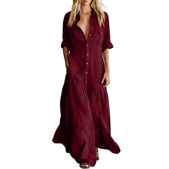SAWOBUUN Womens Summer Shirt Dress Long Sleeve Collared Casual Maxi Dress Loose Fit Flowy Blouse Dress with Pockets