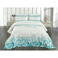 thumbnail image 3 of Ambesonne Abstract Quilted Bedspread Set 3 Pcs, Floral Classic Design, King Size, Teal Turquoise White, 3 of 5