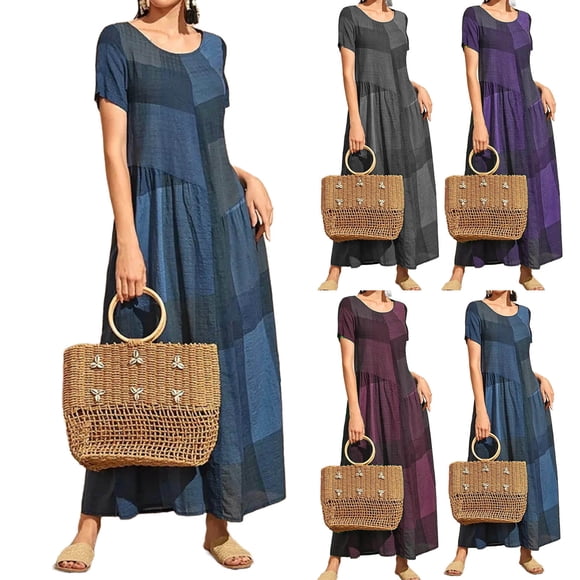 Sentmoon Maxi Dresses Crew Neck Solid Color Date Night Dress Short Sleeve Loose Fit Patchwork Trendy Holiday Dresses for Everyday Casual Wear Red XXXXXL