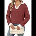 thumbnail image 3 of Suéteres de Cuello en V para Mujer, Jersey con Bloques de Color, Mangas Largas, Corte Holgado, Estilo Informal, Tipo Túnica, Camisetas. Rojo Óxido M, 3 of 10