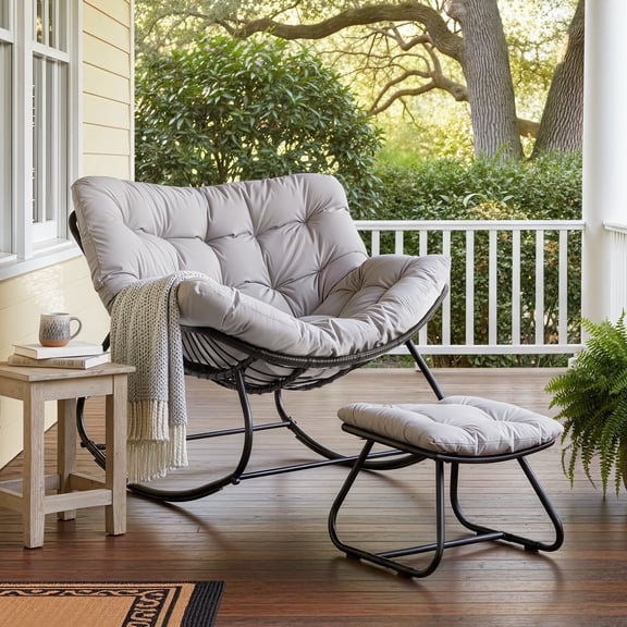 Heynemo Oversized Outdoor Wicker  Rocking Chair with Ottoman, Patio Rattan Papasan Chair with Cushion & Foot Rest for Indoor Outside Porch, Garden, Living Room