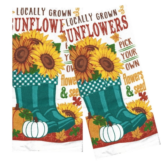 Mainstream Fall Towels, 2-Pack,  Sunflowers Pumpkin Boots Flower Print Dual-Sided Dishtowels