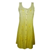 Mogul Womens Shift Dress Button Front Yellow Embroidered Boho Style Tank Dresses