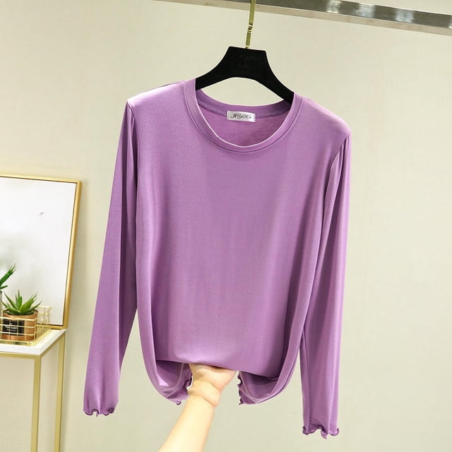 Timegard Hauts d'Automne pour Femmes Pyjamas Col Rond Manches Longues Vêtements de Nuit Décontractés Amples Confortables Hauts de Pjs Couleur Unie