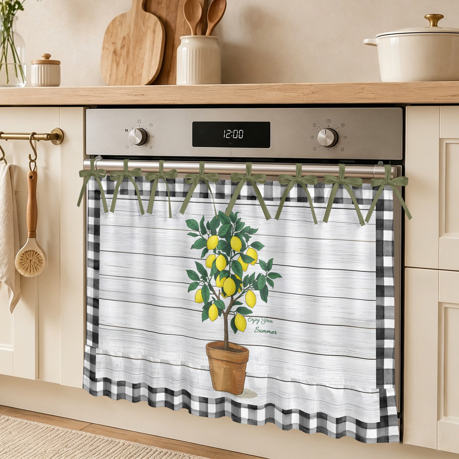 Summer Yellow Lemons Oven Skirt Curtain Green Leaf Botanical Gardens Wood Grain Plaid Tie Top Tier Curtains Stove Dishwasher Skirt Small Window Drapes for Kitchen Bathroom Cafe 32 x24